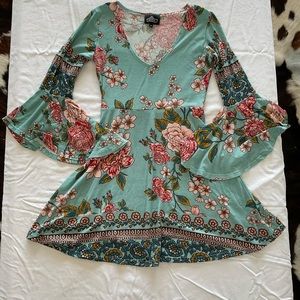 Angie Blue Floral Flowy Long Sleeve Mini Dress (Size Medium)